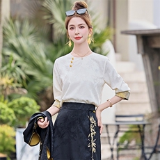 芷墨春季新款新中式简约通勤百搭显瘦上衣拼接透气纯色上衣女，女装衬衫，芷墨服饰