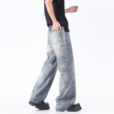 XZ-221-1/K1991/P65高品质美式复古水洗猫须宽松拖地痞帅气牛仔裤，男装牛仔裤，星座221-1