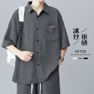 特批P30无差价夏季透气薄款冰丝短袖男垂感宽松大码刺绣衬衫CD865图片