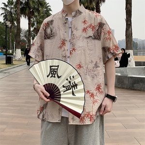 新中式风盘扣花纹短袖衬衫男士夏季复古唐装衬衣潮7008P40图片