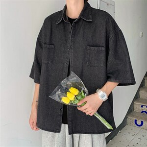 港风复古简约纯色牛仔短袖衬衫男潮牌夏季百搭学生衬衣CS408-p43图片