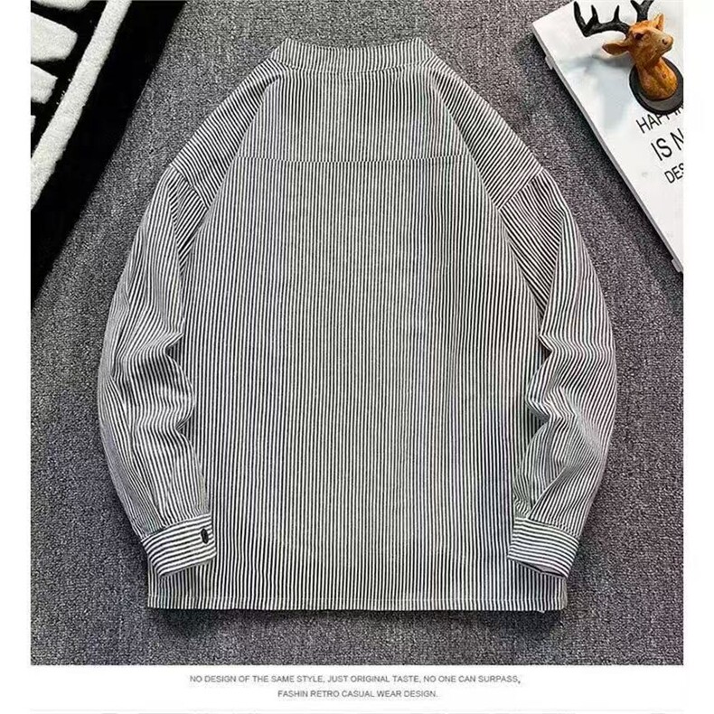大码早秋新款休闲外穿阿美咔叽日系复古工装长袖黑白条纹衬衫男潮,男装衬衫,星座613