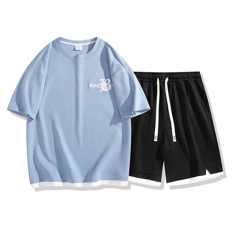 夏季运动套装日系白底休闲百搭时尚短套装CK2410+TC3149-P51控89,男装休闲套装,星座717
