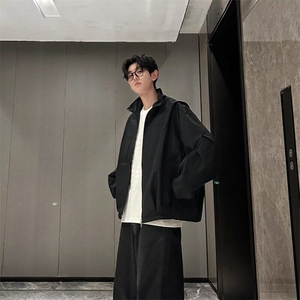 日系复古日潮纯色少年男装春秋立领插肩休闲宽松情侣夹克拉链外套图片