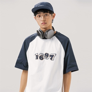 2024夏季新款男装日系潮牌拼接圆领宽松短袖休闲T恤半袖T908-F44图片