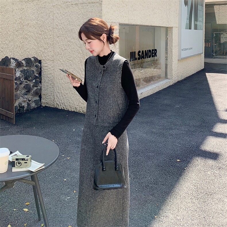 灰色高级感小香风马甲套装裙女2025秋季复古气质轻熟风毛呢三件套,女装套装/套裙,纯色衣恋