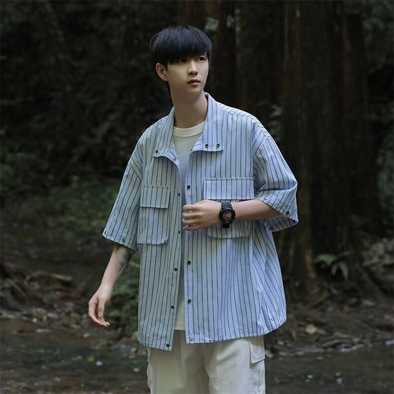 条纹衬衫男士袖子可拆韩版潮流痞帅2024夏季新款ins外套CY808-P53,男装衬衫,星座412-2
