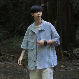 条纹衬衫男士袖子可拆韩版潮流痞帅2024夏季新款ins外套CY808-P53图片