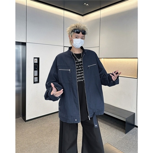 cleanfit藏青色水洗牛仔外套男秋冬款美式复古立领工装哈灵顿夹克图片