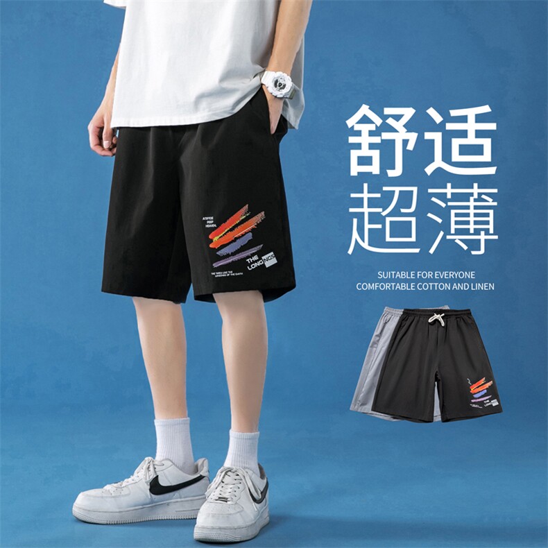 K206 P25 蓝底 百搭夏装字母彩虹印花情侣港风学生五分裤休闲短裤图片