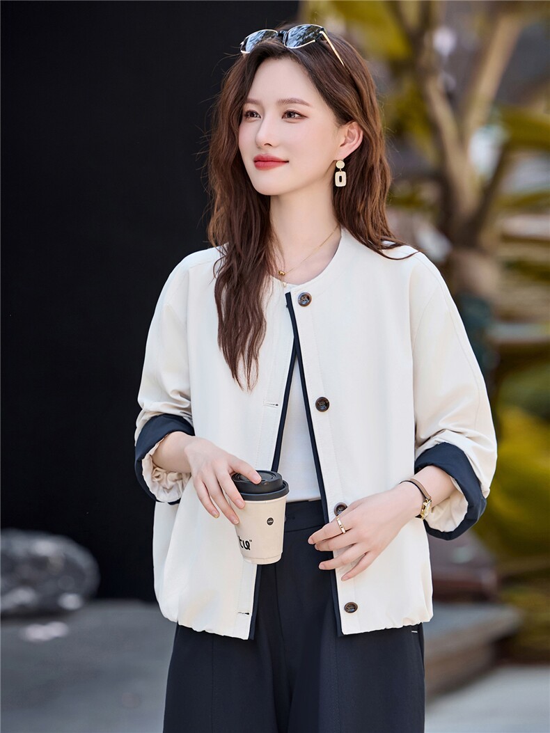 简约百搭超好看圆领短款外套女2025秋季新款宽松显瘦休闲夹克上衣,女装短外套,鑫鑫美