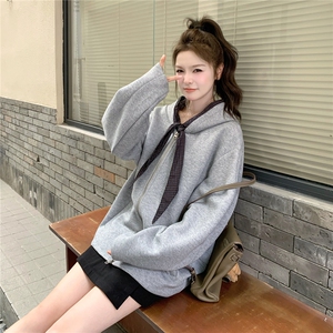 灰色简约连帽拉链卫衣女2025秋新款韩版设计感宽松减龄小个子外套图片