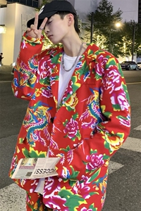 XZ01港风文艺男大码宽松西服东北大花潮牌开衫男女风民族图片