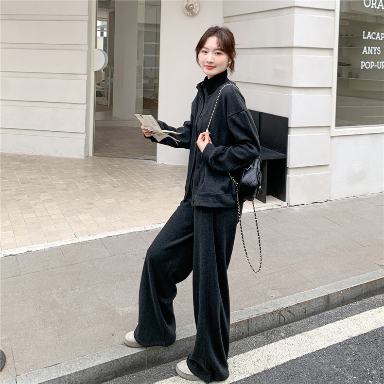 灰色松弛感加绒加厚立领卫衣两件套女2025冬季新款学院风显瘦卫裤,女装套装/套裙,艾米莉亚
