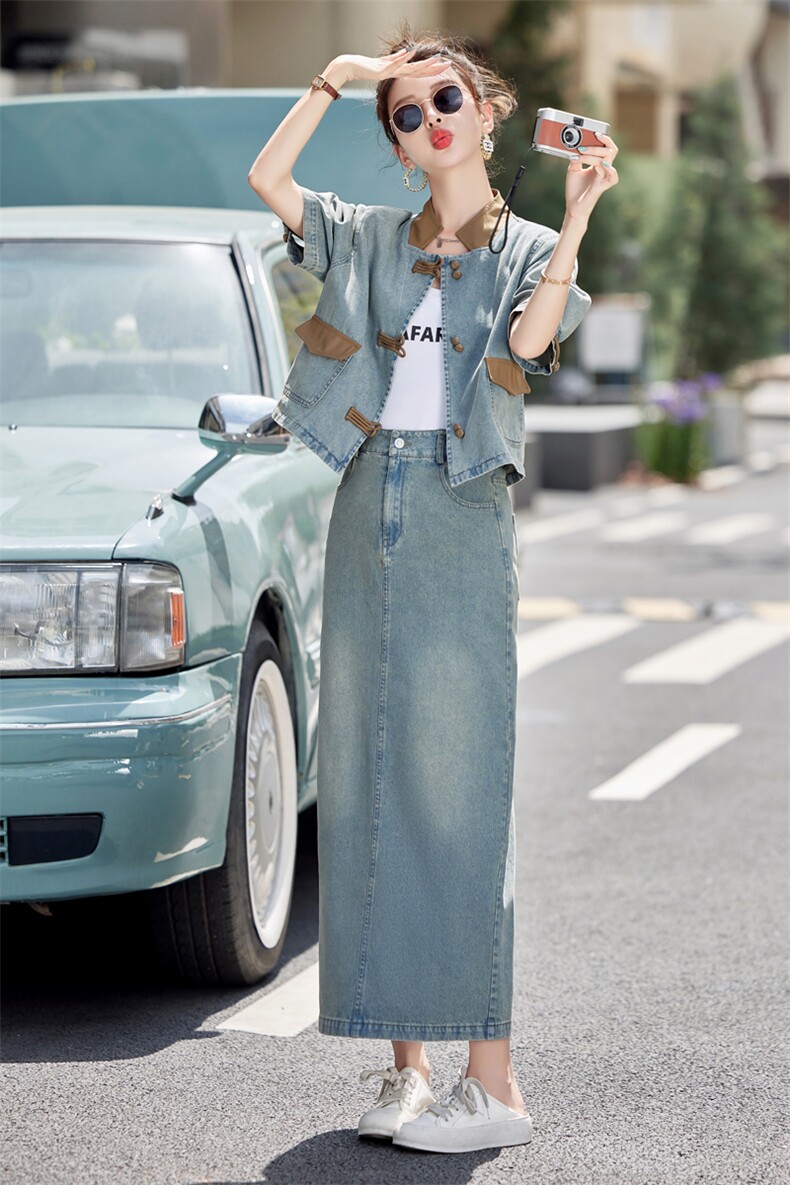 牛仔半身裙套装女2024夏季新款高端欧货搭配一整套洋气减龄两件套,女装套装/套裙,瑶迪依秀