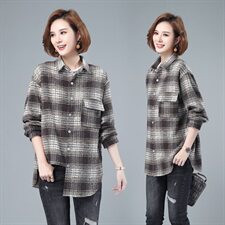 2021春秋季新款女装大码宽松加厚格子长袖衬衫中长款休闲衬衣上衣，女装衬衫，伊满意