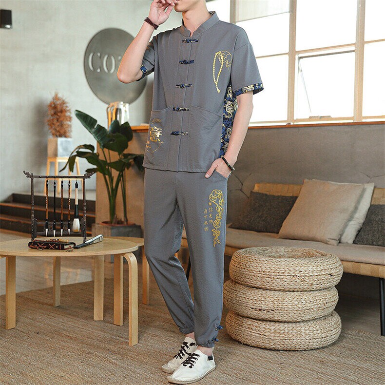 夏季套装风男刺绣棉麻复古宽松大码汉服,男装休闲套装,星座1206（原A206）