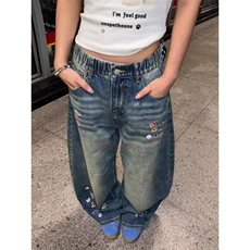 美式复古卡通贴纸印花弯刀牛仔裤女夏季宽松显瘦休闲阔腿直筒裤子，男装牛仔裤，星座506A
