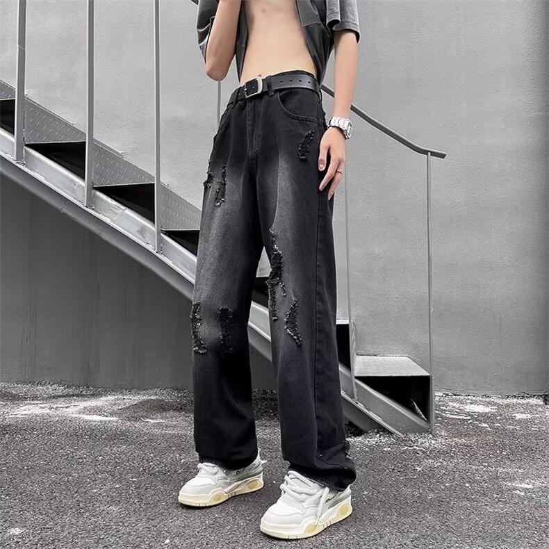 牛仔裤男夏季薄款美式高街破洞直筒裤子潮牌百搭宽松休闲长裤图片