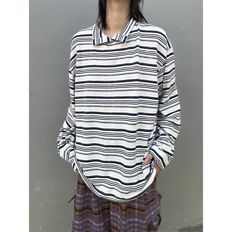 C316T9945P58秋装新款条纹撞色长袖T恤彩条tee时尚领子设计,男装T恤,电商C316