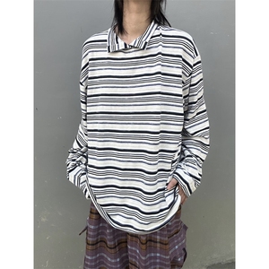C316 T9945 P58秋装新款条纹撞色长袖T恤彩条tee时尚领子设计图片