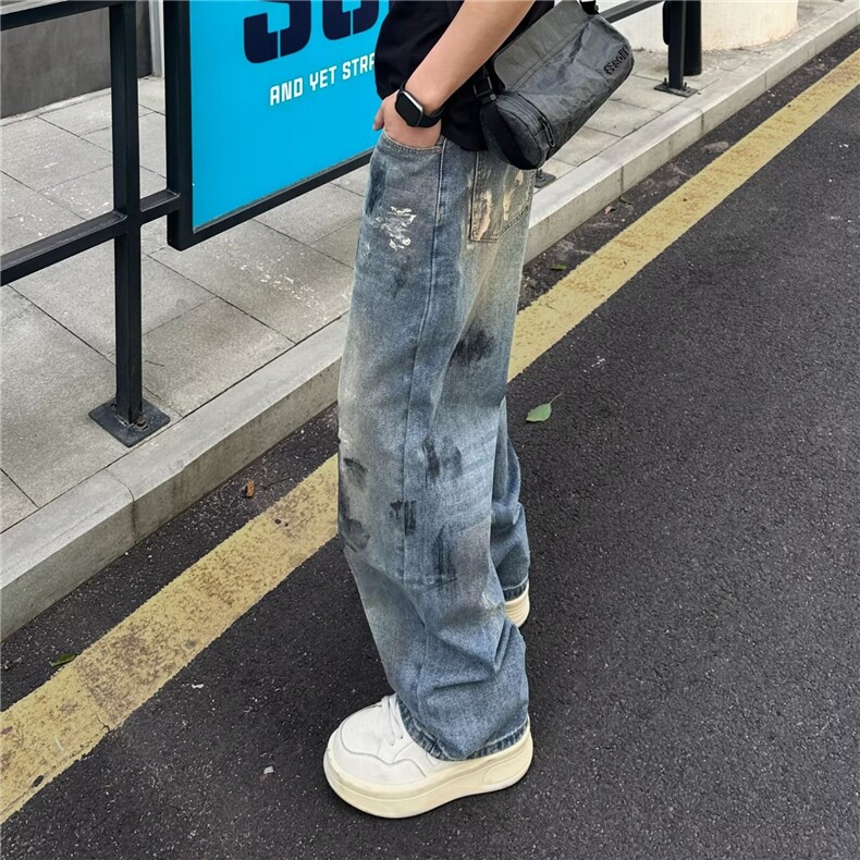 美式潮牌做旧扎染牛仔裤男款夏季高街痞帅筒阔腿长裤A2127-P52,男装牛仔裤,星座208-5