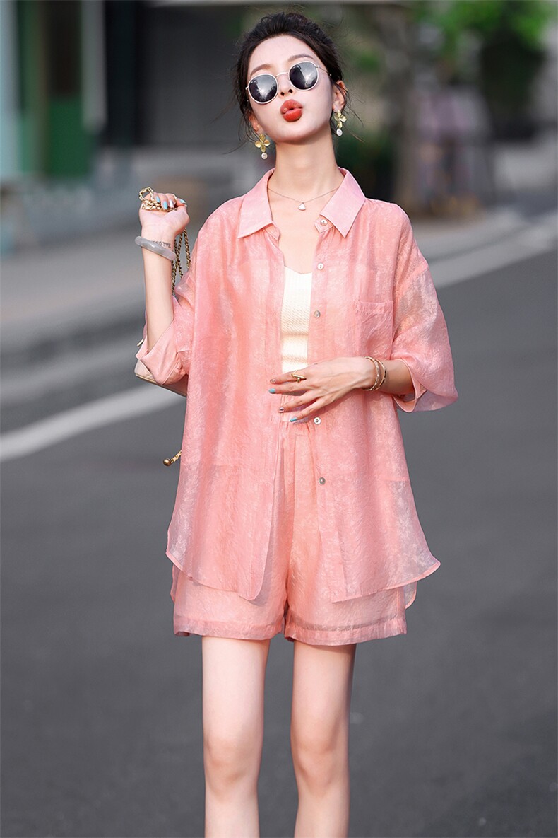 夏日焕新~轻薄天丝防晒衣套装女2025夏防晒衬衫休闲短裤两件套装,女装套装/套裙,歌伊格美