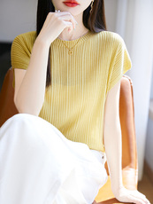 夏季常规短袖圆领针织衫女夏新款温柔减龄上衣，女装T恤，暖圣羊羊绒