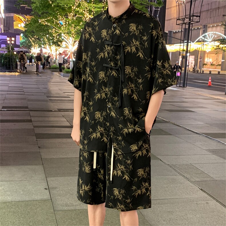 2025夏季新中式冰丝垂感花衬衣宽松休闲五分套装男TZ655-P58控78,男装休闲套装,电商C305A