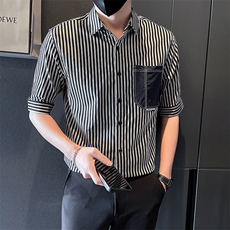 2025新款夏季衬衫男短袖潮牌帅气条纹中袖衬衣A313-1-W402-P58，男装T恤，电商A313-1