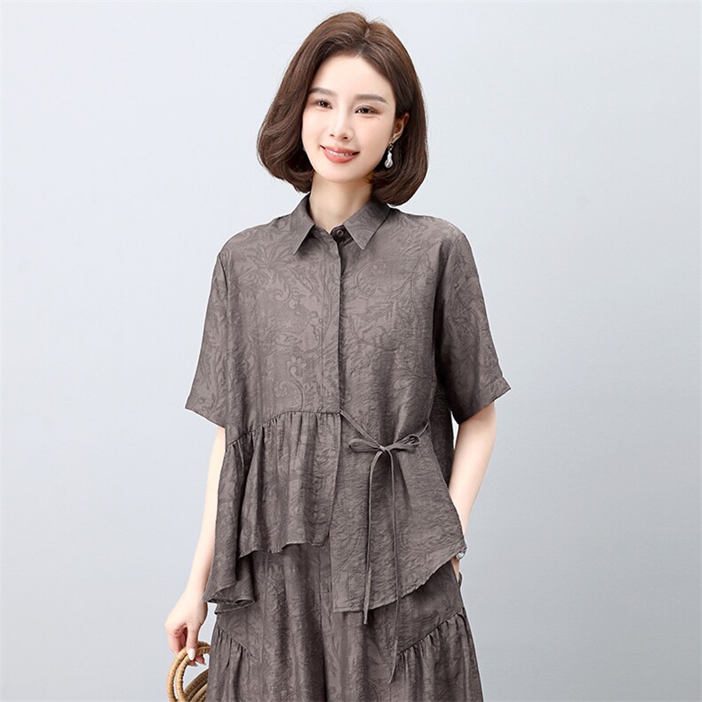 妈妈休闲天丝衬衫女夏中年洋气减龄时尚高端宽松,女装衬衫,雪樱依海