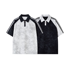 拼接撞色短袖Polo衫男生夏季薄款条纹半袖t恤扎染潮牌宽松上衣服，男装T恤，电商A059