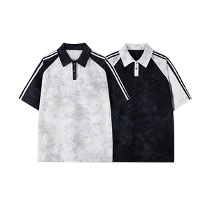 拼接撞色短袖Polo衫男生夏季薄款条纹半袖t恤扎染潮牌宽松上衣服图片