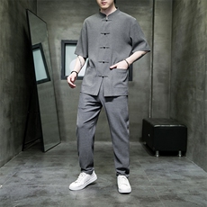 轻奢高端大码盘扣休闲套装男士舒适褶皱轻薄透气时尚短袖TZ312，男装T恤，星座305A（原312A-1）