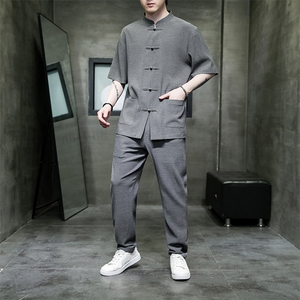 轻奢高端大码盘扣休闲套装男士舒适褶皱轻薄透气时尚短袖   TZ312图片
