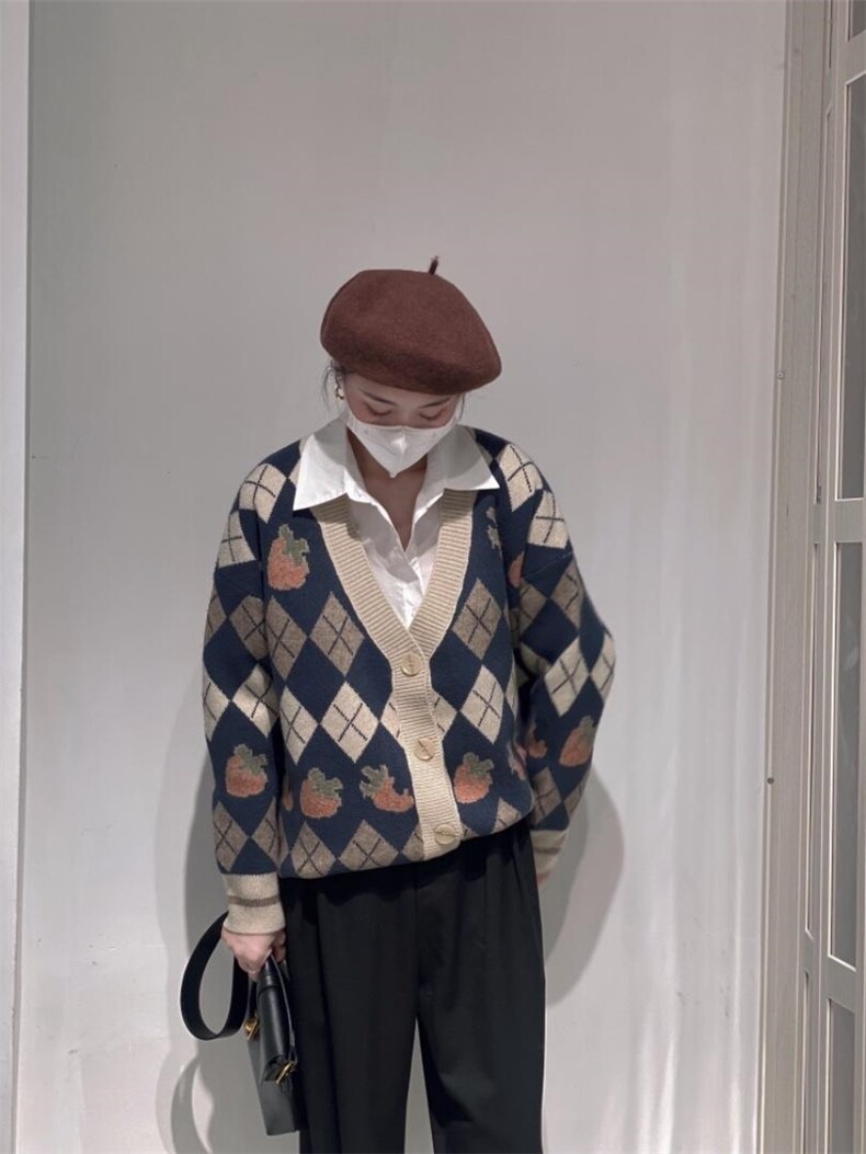 菱形格毛衣开衫，女装针织衫/毛衣，驿谷