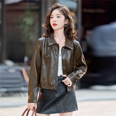 2025秋季新款翻领是谁潮流皮衣外套机车服，女装皮衣，1C078
