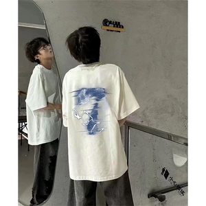抖音得物 210克现货宽松纯棉美式潮牌印花落肩袖纯棉T恤AT21104图片