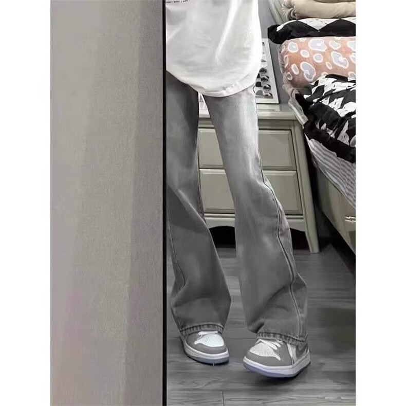 美式复古高街微喇牛仔裤男宽松高腰垂感阔腿裤烟灰水洗L7055-p40图片