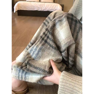 网图秋冬新款毛呢格子休闲裤男女加绒加厚宽松直筒裤子-A2337TP45图片