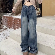 复古美式牛仔裤男女春季新款胖mm高腰宽松显瘦阔腿长裤梨形身材裤，男装牛仔裤，星座506A