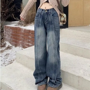 复古美式牛仔裤男女春季新款胖mm高腰宽松显瘦阔腿长裤梨形身材裤图片