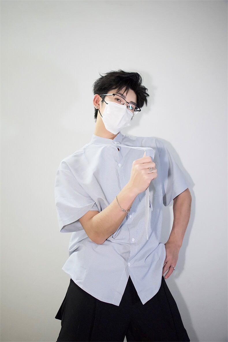 明星私服学院风条纹衬衫搭配可拆卸领带英伦风条纹打底衬衫P38,男装衬衫,电商B319