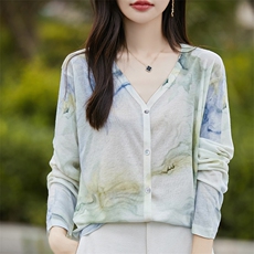 春秋新款薄款V领印花花色开衫女宽松百搭休闲长袖外搭外套上衣潮，女装羊毛衫，朝贺羊绒