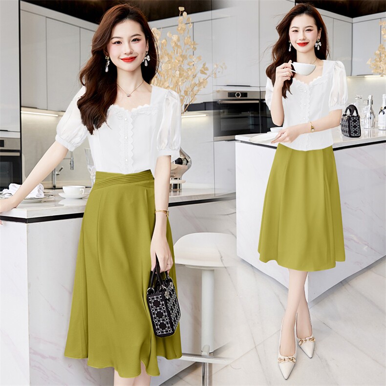 成套搭配套装女夏季2023新款蕾丝边上衣时尚洋气减龄半身裙两件套，女装套装/套裙，卡杰菲