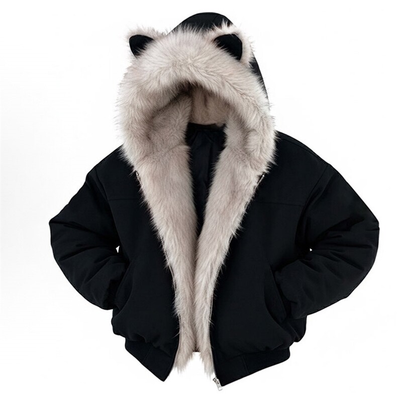 现货重磅硬挺boxy羽绒棉衣座山雕猫耳大毛毛领麂皮棉服冬外套，男装棉衣，电商A486-1