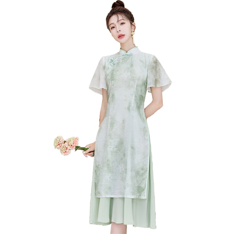 优雅气质改良版旗袍连衣裙女夏季新款修身显瘦粉色长裙,女装连衣裙,利佳可人