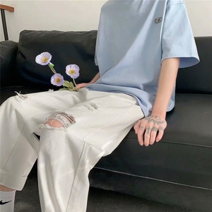 破洞牛仔裤男夏季薄款九分裤潮牌直筒宽松老爹裤子韩版潮流乞丐裤图片