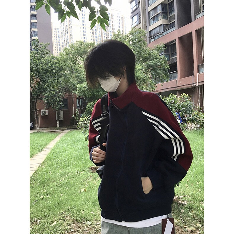 抖音得物高品质26春装美式高街重磅织带拼接撞色立领卫衣外套CM41，女装短外套，电商A486