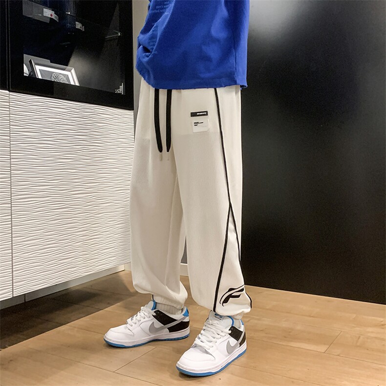 2023秋冬新款港风撞色条纹拼接宽松束脚休闲运动裤KZ233-P55,男装休闲裤,星座914-3